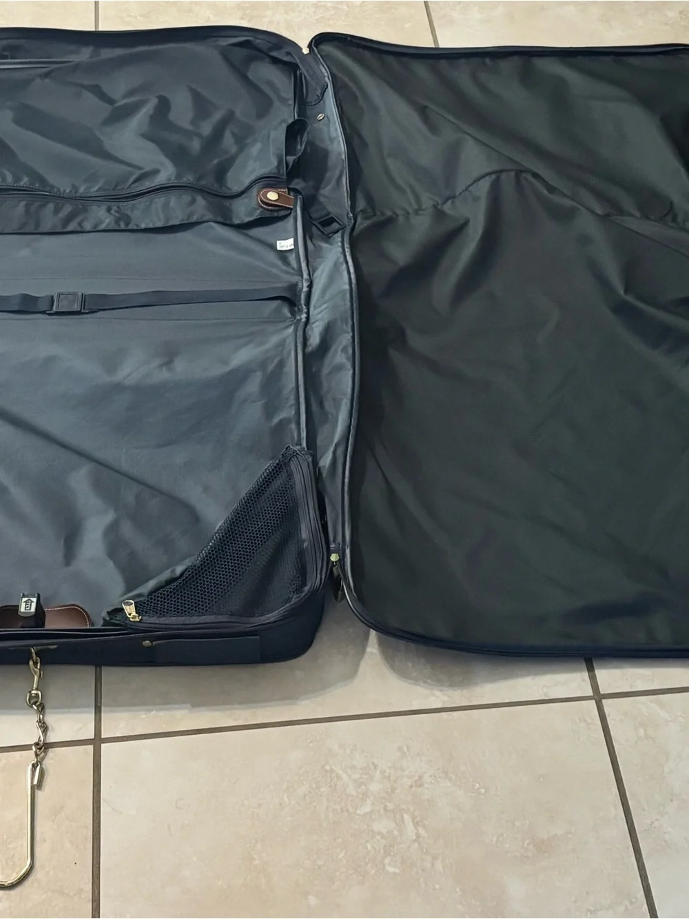 Express Navy Garment Bag with Brown Trim and Hanging Hook